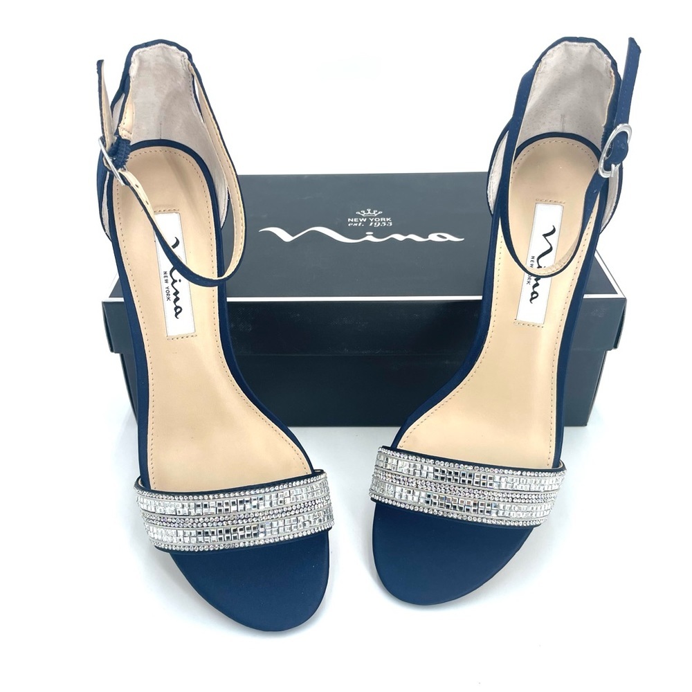 NINA WOMENS NAVY SUEDETTE CRYSTAL BLOCK MID-HEEL ANKLE STRAP DRESS SANDAL NIB! - Picture 7 of 15